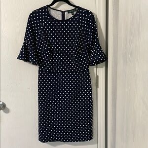 Ralph Lauren Like New Navy & White Polka Dot Midi Sheath Flounce Dress 4